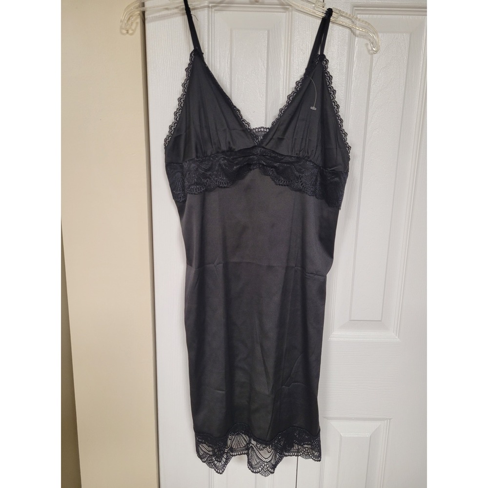 Black‎ Baby Doll Womens Satin Lace Trim Nightgown Slip Lingere Ekouaer Size M